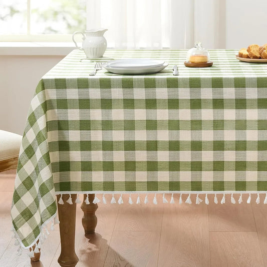 Checkered Tablecloth Rectangle, Linen Cotton Gingham Table Cloth with Tassel, Washable Buffalo Plaid Table Cover Wrinkle Free for Kitchen, Dining and Picnic - 55 X 70 Inch, Sage Green