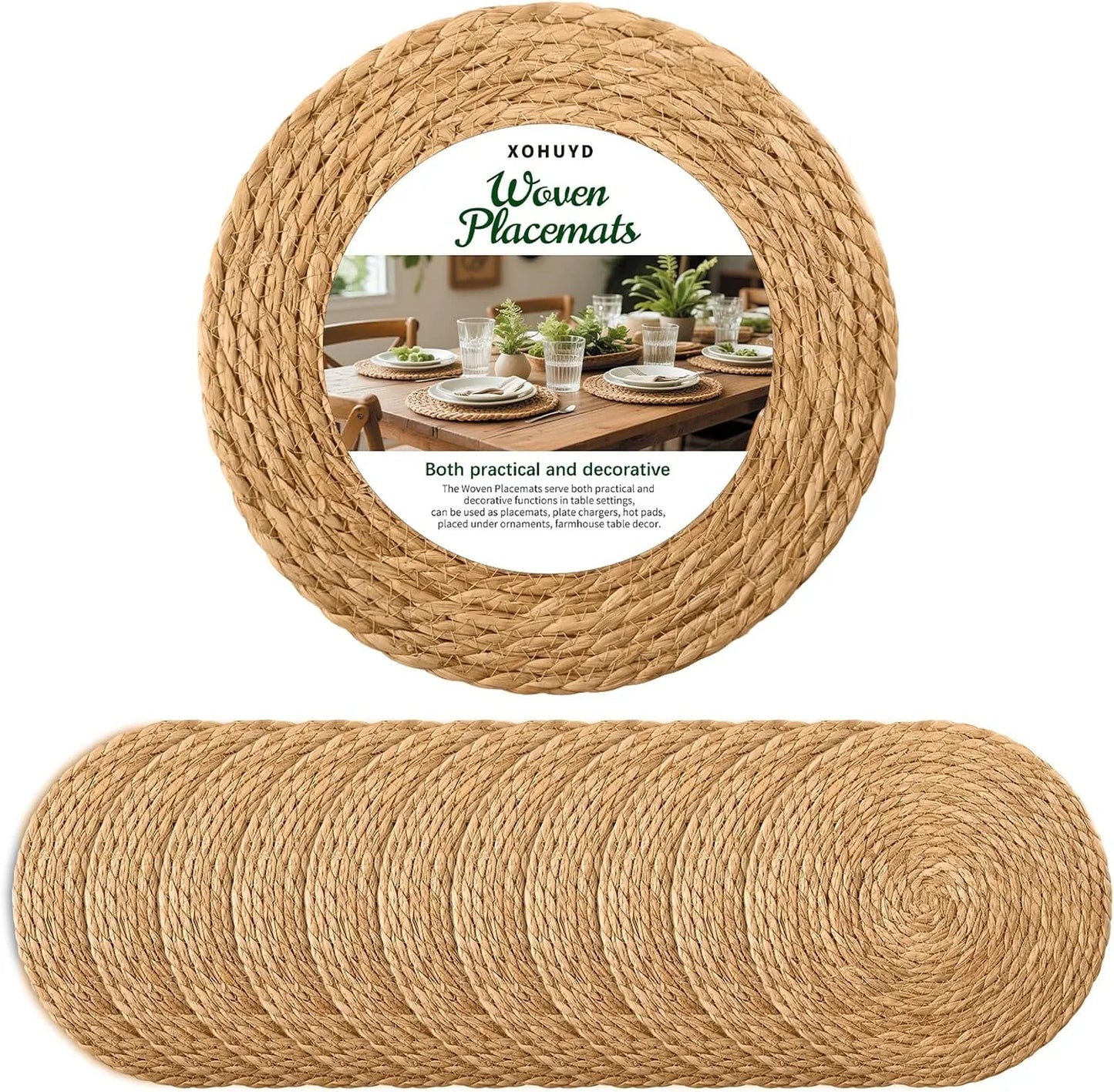 13 in round Woven Placemats Plate Chargers Set of 12, Boho Farmhouse Rustic Woven Place Mats for Kitchen Dining Party Table Decor, Rattan Wicker Table Mats Jute Braided Chargers for Dinner Plates