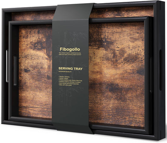 Set of 2 Wooden Serving Tray with Handles,Decorative Trays Platter,Breakfast Tray in Bed,Large Coffee Table Tray，Food Drinks Trays for Eating,Working,Storing