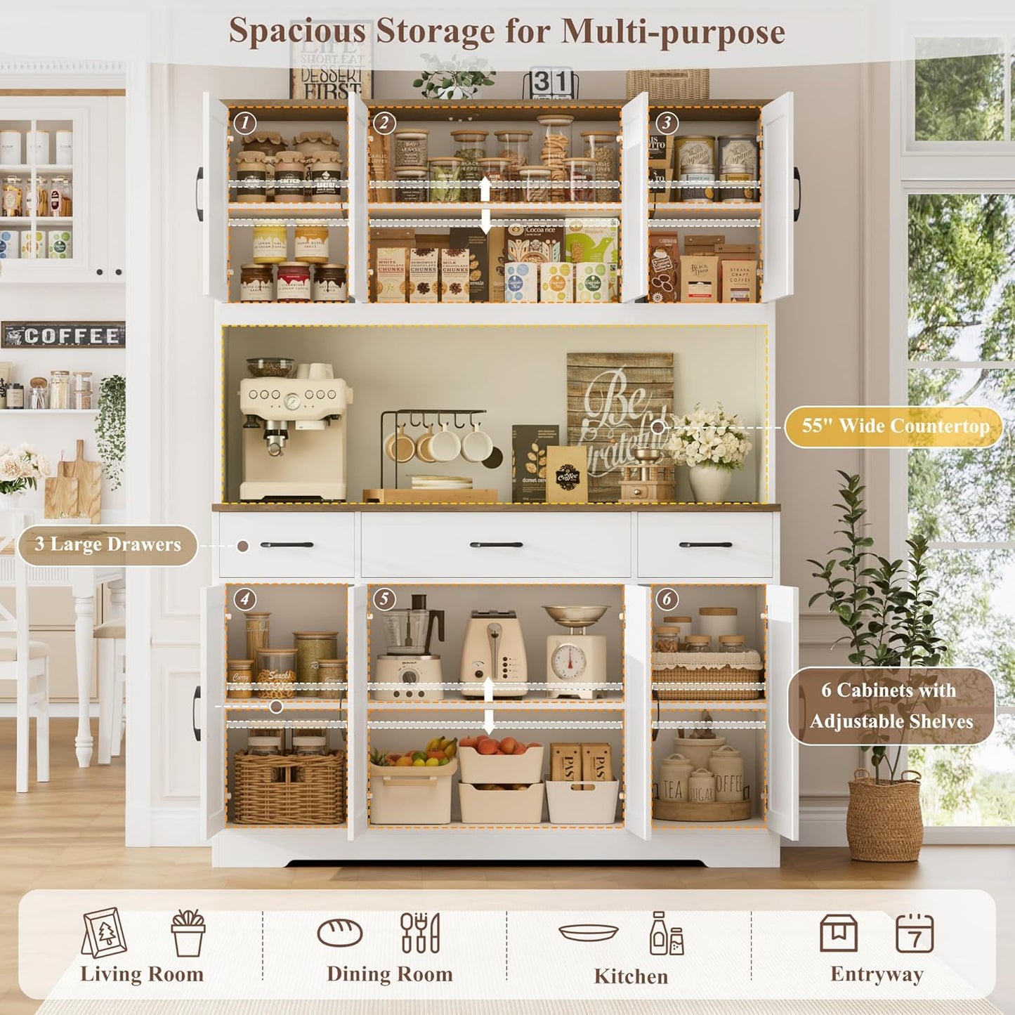71" Tall Pantry Cabinet with Charging Station, 55" Wide Kitchen Pantry Storage Cabinet with Countertop, Large Kitchen Hutch with Storage Drawers and Microwave Stand for Dining Room, White