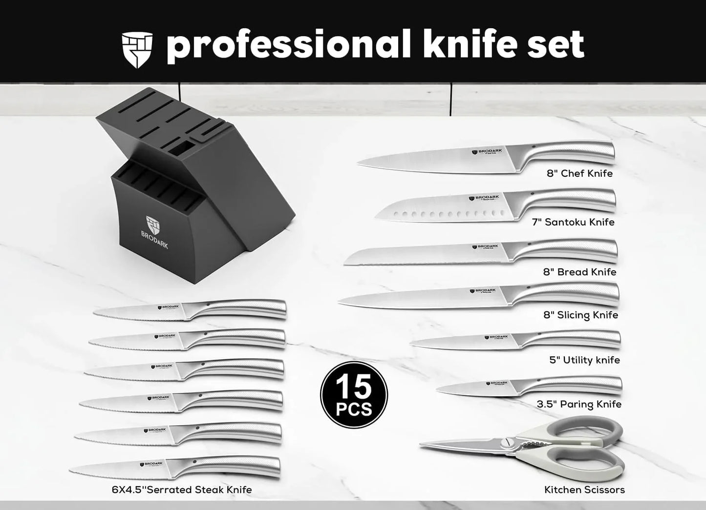 Knife Block Set: Kitchen Knives Set with Block and Sharpener, 15 Pcs Ultra Sharp Chef Knife, High Carbon Stainless Steel, Ergonomic Handle Non-Slip Grip, Silver Wolf Series with Gift Box