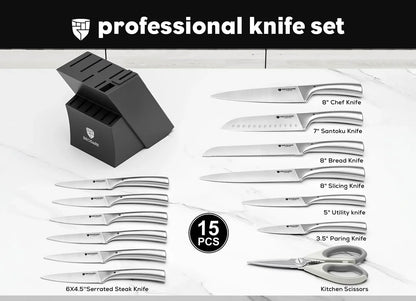 Knife Block Set: Kitchen Knives Set with Block and Sharpener, 15 Pcs Ultra Sharp Chef Knife, High Carbon Stainless Steel, Ergonomic Handle Non-Slip Grip, Silver Wolf Series with Gift Box