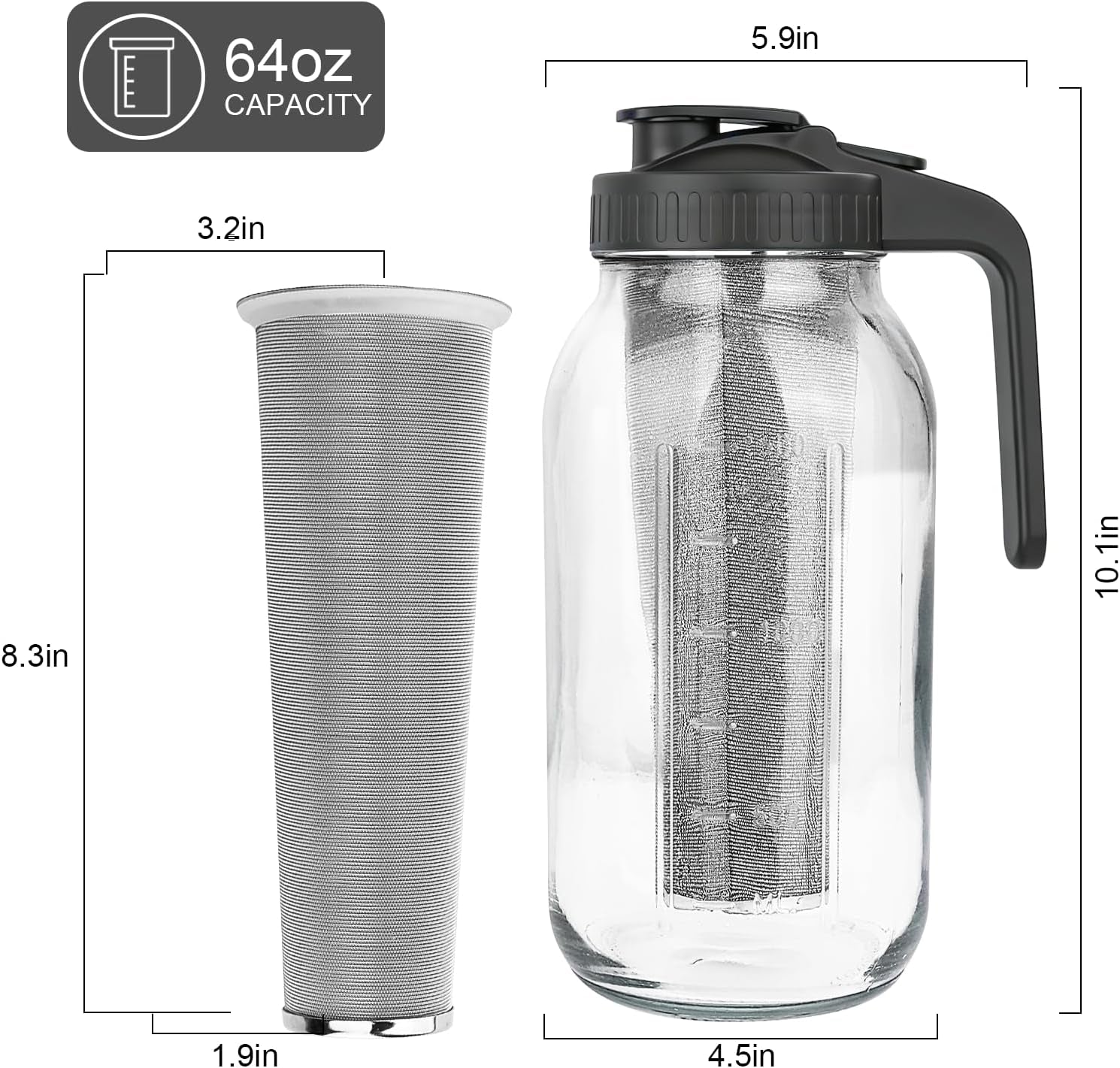 Cold Brew Coffee Maker,64 Oz Mason Jar Pitcher with Stainless Steel Filter, Pour Spout Handle Lid, Heavy Duty Glass Airtight & Leak-Proof for Iced Coffee,Tea & Lemonade