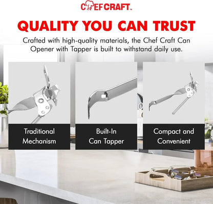 Chef Craft can opener with built-in tapper, compact design, traditional mechanism for daily kitchen use