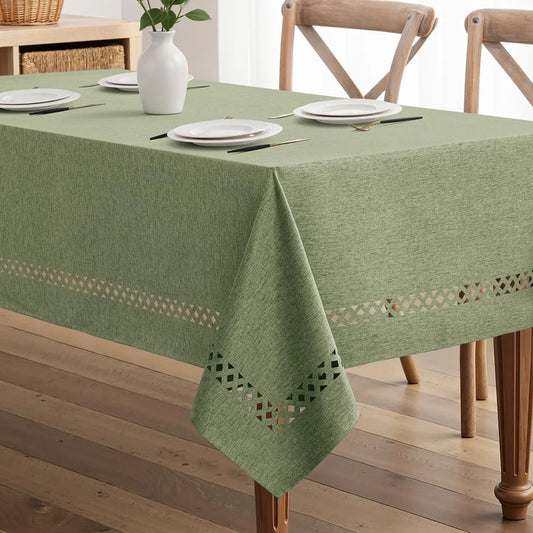 Sage Green Rectangle Linen Polyester Tablecloth with Decorative Cutouts Spring Waterproof Stain Resistant & Shrink-Proof Table Cloth 60X104 Inch Farmhouse Style for Dining Wedding Party