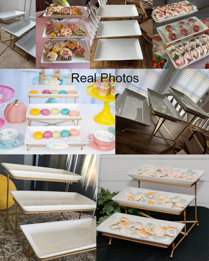 3 Tier Serving Tray, Porcelain Serving Platter Tier Serving Stand with Collapsible Sturdier Rack, Serving Trays and Platters Dessert Party Display Set for Mother'S Day, Gold, 12 Inch