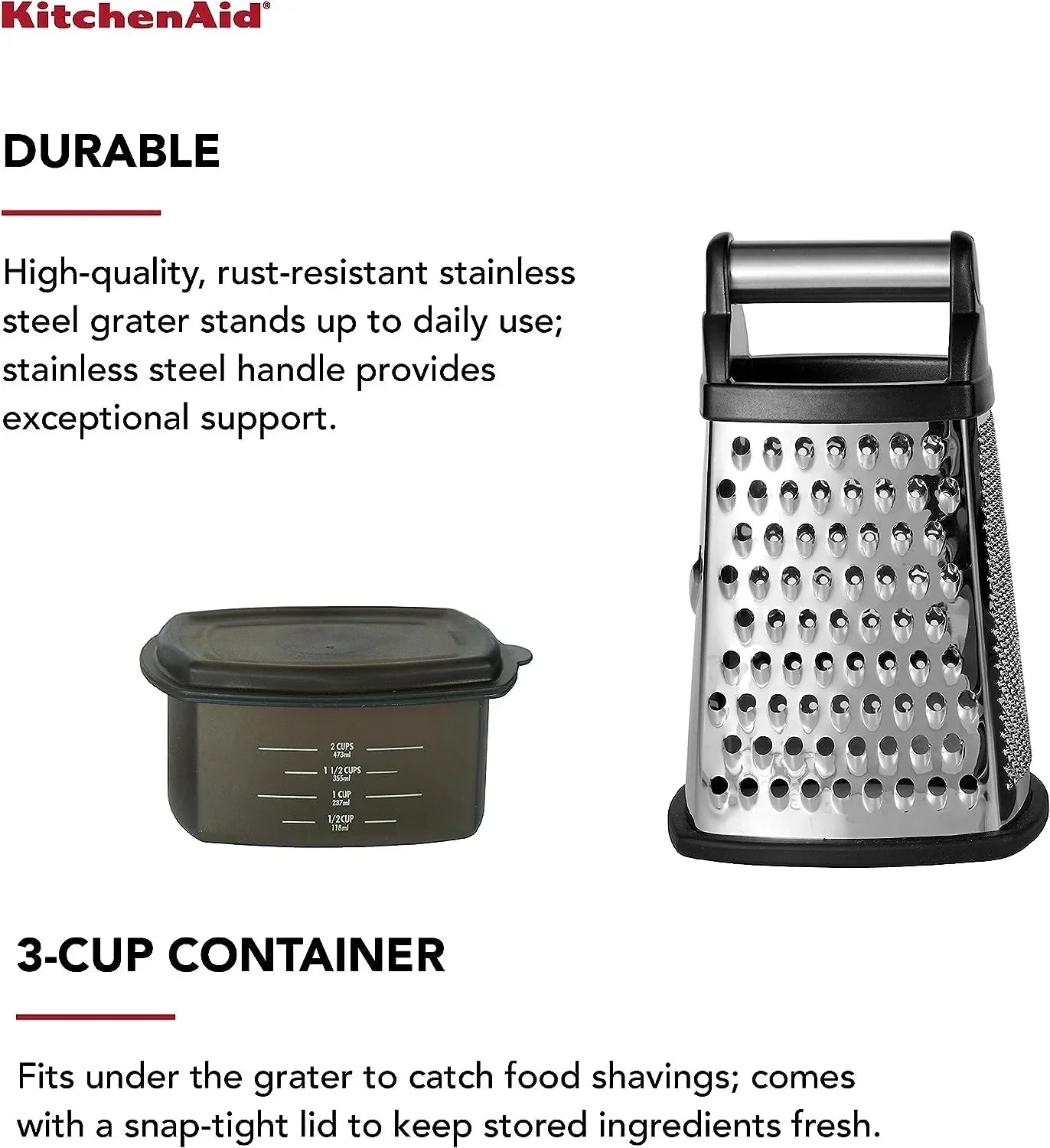 Gourmet 4-Sided Stainless Steel Box Grater for Fine, Medium and Coarse Grate, and Slicing, Detachable 3 Cup Storage Container and Measurment Markings, Dishwasher Safe, 10 Inches Tall, Black