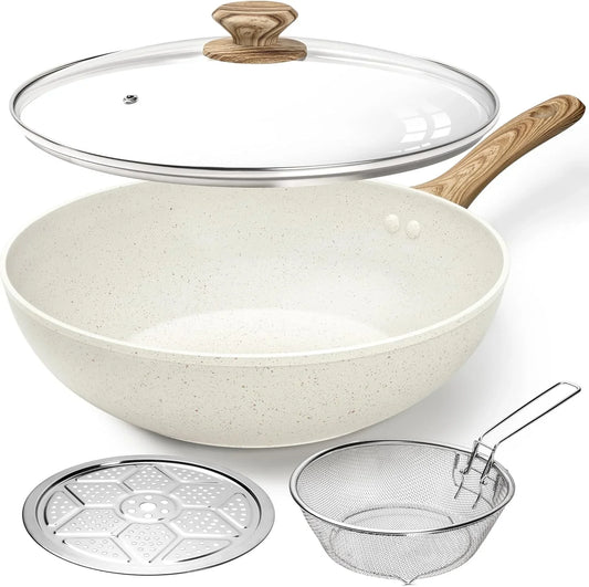 12 Inch Wok Pan with Lid - Woks & Stir-Fry Pans Nonstick Wok with Lid, Stir Fry Pan with Cool-Touch Handle, Induction Wok Set with Stainless Steamer & Fryer Basket