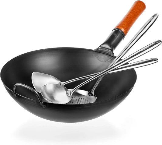 Carbon Steel Wok Pan – 13,5 “ Stir Fry Pans plus 17" Wok Spatula and Ladle Skimmer Spoon - Stainless Steel Cooking Utensils Set