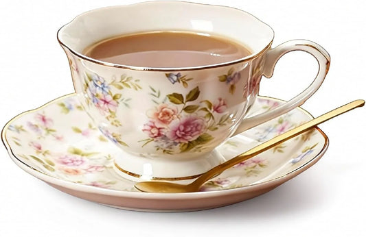 8 Oz Vintage Flower Ceramic Cup and 6" Saucer Set with Brand Customized Stainless Steel Spoon Gifts for Afternoon Tea Coffee Hour (H)