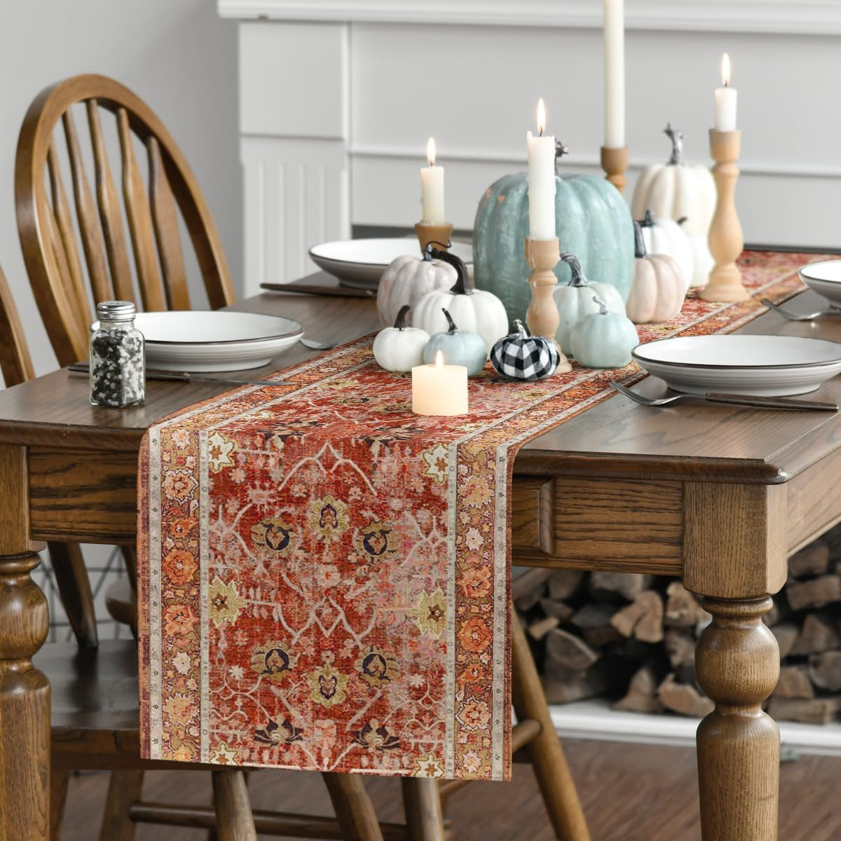 Boho Bohemia Style Red Orange Fall Table Runner, Country Rustic Farmhouse Magical Kitchen Dining Table Decoration for Home Party Decor 13X72 Inch