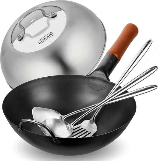 Carbon Steel 11.8" Stir Fry Wok Pan - Pre-Seasoned Chinese Wok with Flat Bottom + Wok Lid 11.4 in - Premium Stainless Wok Cover with Tempered Glass Insert + 17" Wok Spatula and Ladle