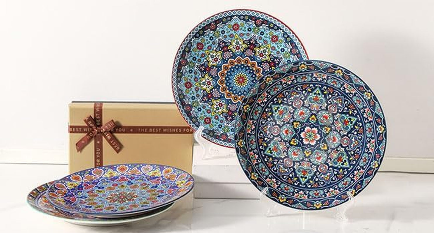 Dinner Plate Set of 4, 10.5 Inch Porcelain Plates for Kitchen, Large Salad Plates for Steak, Dishes Set for Restaurant, Microwave, Oven & Dishwasher Safe for Christmas Gift, Bohemian