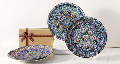 Dinner Plate Set of 4, 10.5 Inch Porcelain Plates for Kitchen, Large Salad Plates for Steak, Dishes Set for Restaurant, Microwave, Oven & Dishwasher Safe for Christmas Gift, Bohemian