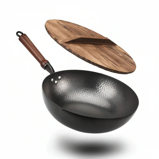 Handcrafted carbon steel wok with wooden lid, ideal for stir-frying and everyday cooking
