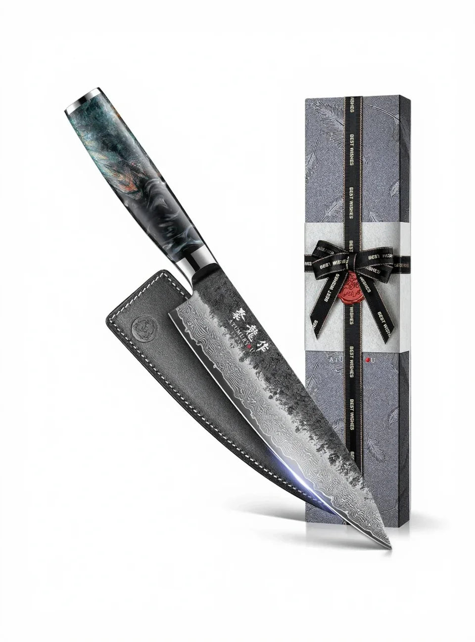 Damascus steel chef knife with decorative handle, leather sheath, and gift box