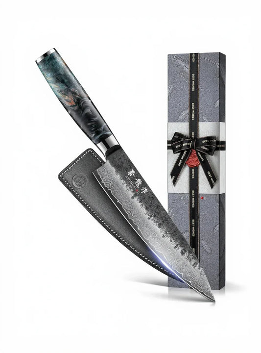 Damascus steel chef knife with decorative handle, leather sheath, and gift box