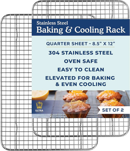 Oven-Safe, Dishwasher-Safe 100% Stainless Steel Cooling & Baking Rack Set - Tight-Wire Bake for Oven Cooking - Heavy Duty - 8.5X12 - Set of 2 - Small Quarter Sheet Pan Cooling Racks