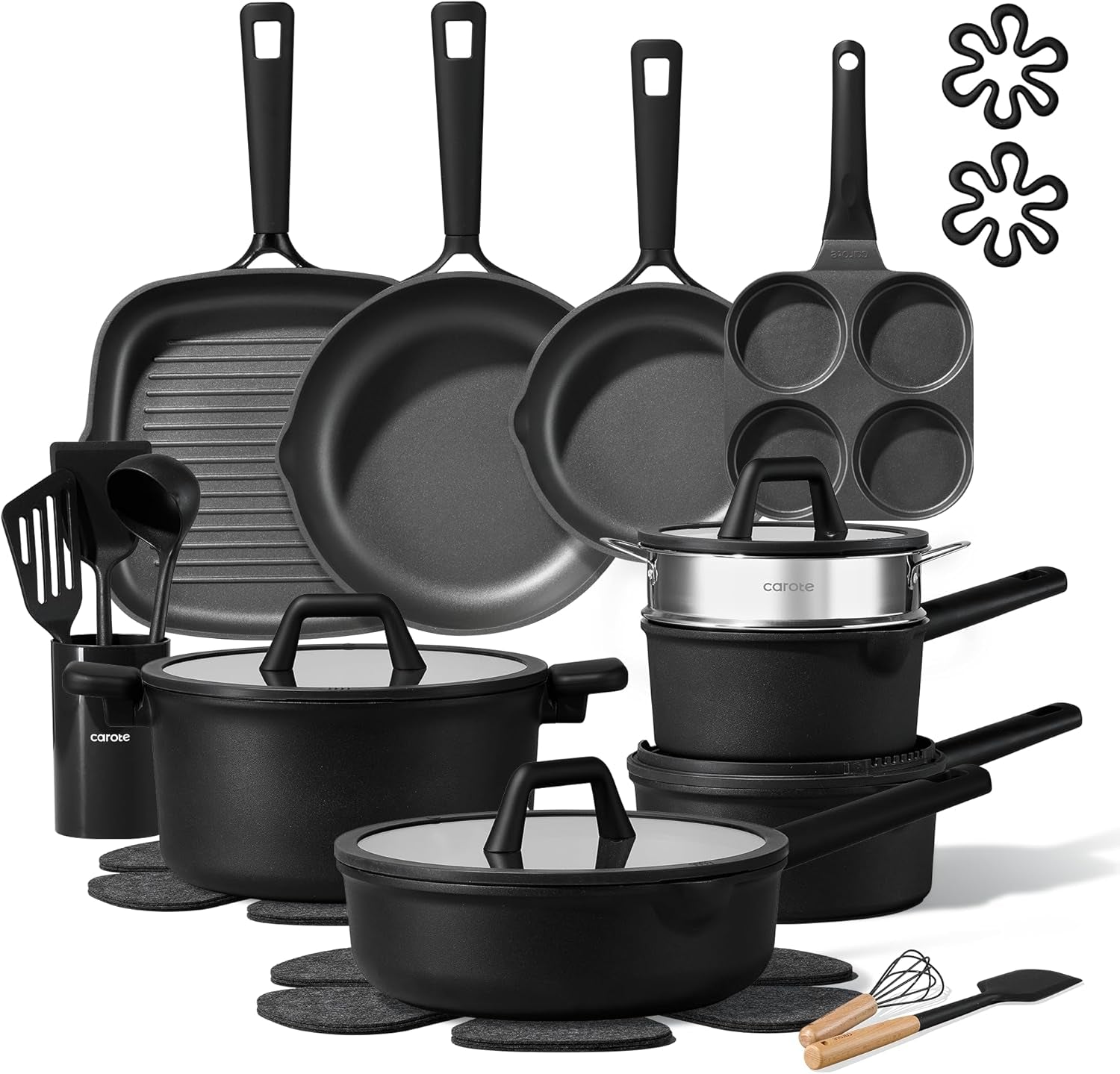 28PCS Pots and Pans Set, Nonstick Cookware Set Kitchen Non Stick Induction Titanium Cookware Non-Toxic Granite Cooking Set, PFOA Free, Black