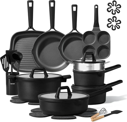 28PCS Pots and Pans Set, Nonstick Cookware Set Kitchen Non Stick Induction Titanium Cookware Non-Toxic Granite Cooking Set, PFOA Free, Black