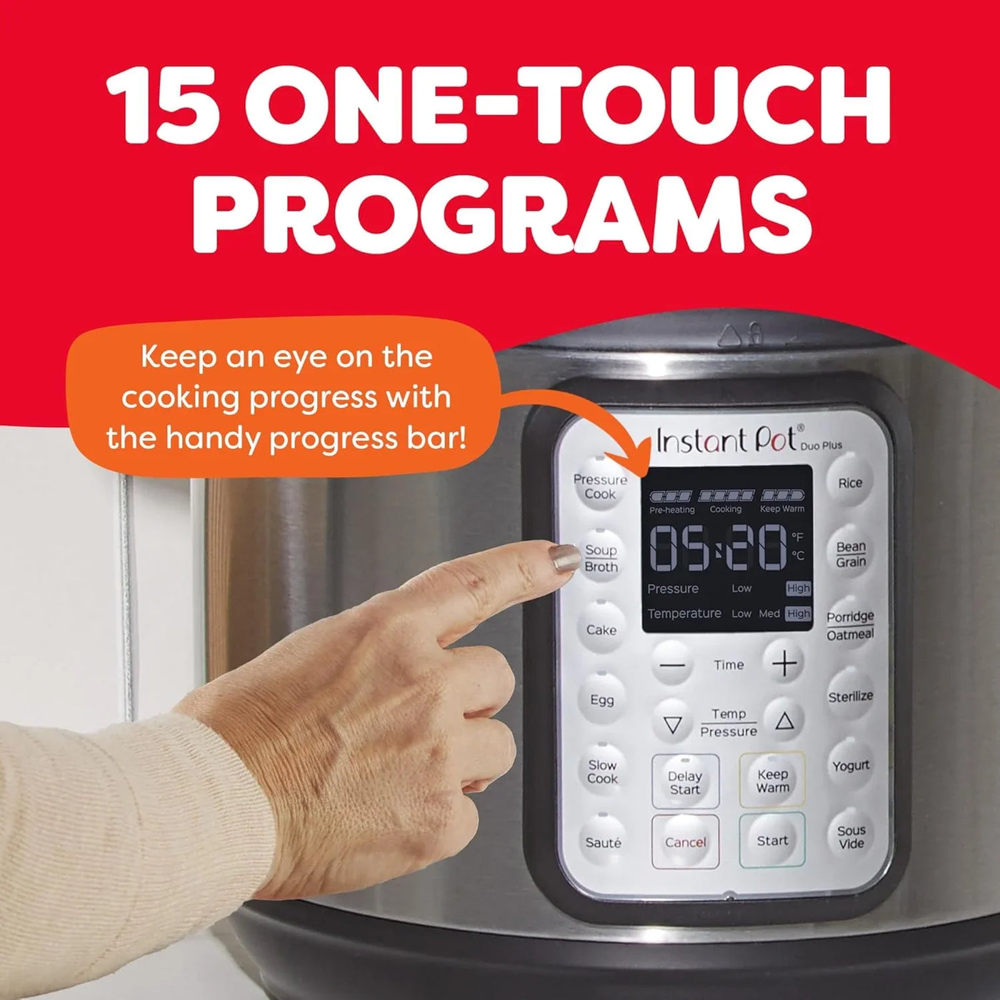 Duo plus 9-In-1 Multicooker, Pressure Cooker, Slow Cook, Rice Maker, Steamer, Sauté, Yogurt, Warmer & Sterilizer, Includes App with over 800 Recipes, Stainless Steel, 6 Quarts