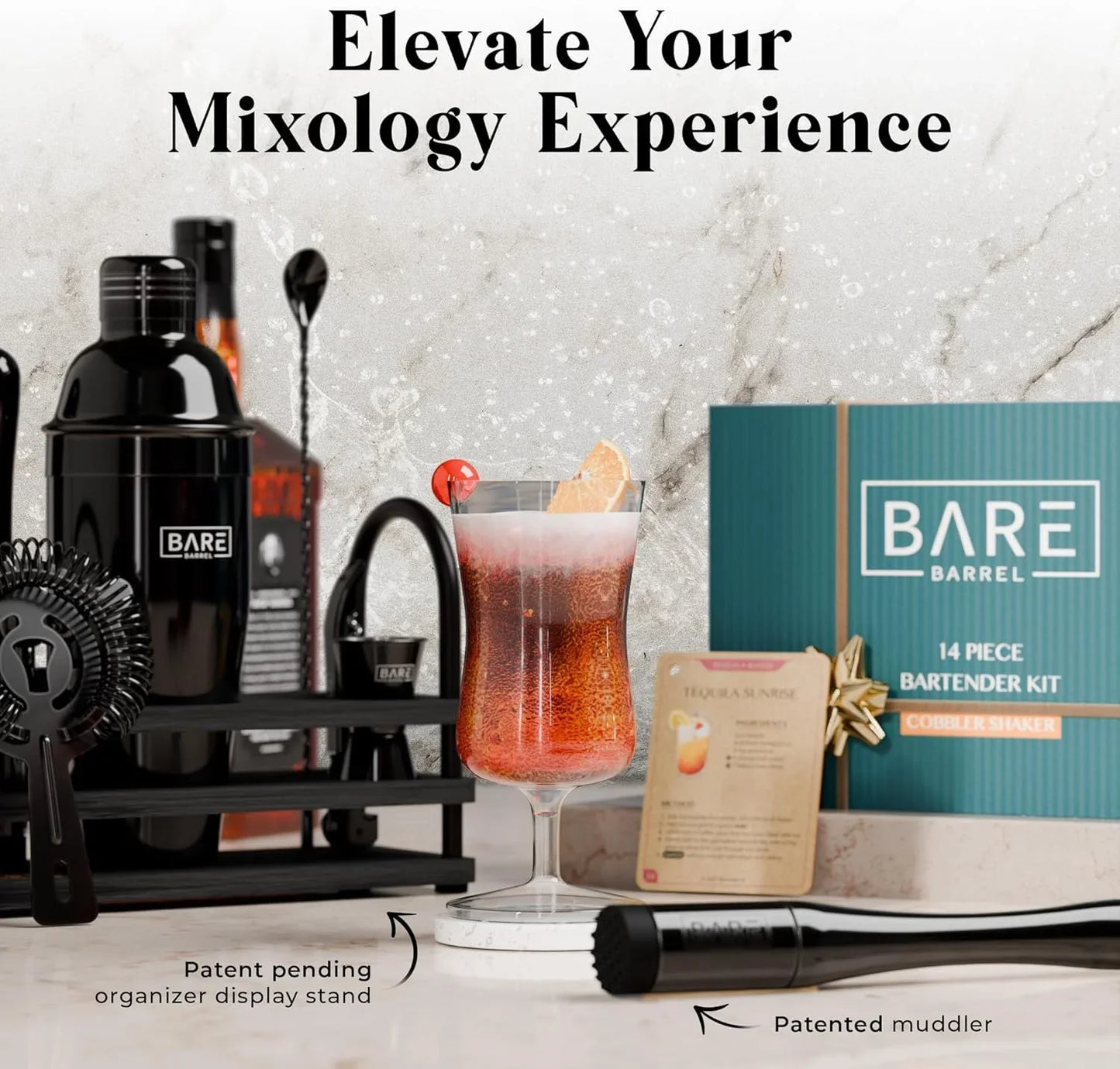 ® Mixology Bartender Kit Bar Set | 14-Piece Cocktail Shaker Set | Martini Barware Mixing Tools for Home Bartending | 35 Recipe Cards | Gift Set (24Oz Cobbler Shaker, Jet Black/Black)
