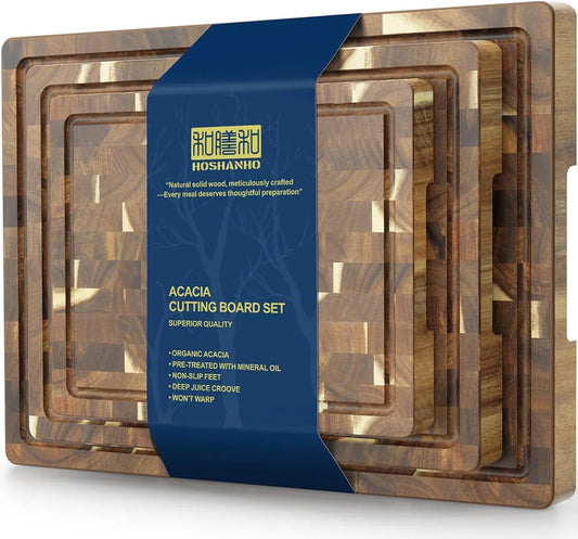 3 Packs Acacia Wood Cutting Board Set, Extra Large Cutting Boards for Kitchen Meal Prep, Durable Chopping Board with Built-In Ergonomic Handles & Deep Juice Grooves