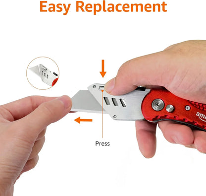 Folding Utility Knife Box Cutter with Back-Lock Mechanism, Portable Lightweight Aluminum Handle, Red