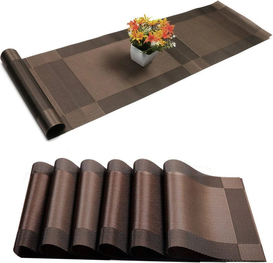 Placemats with Table Runner Sets Place Mats, Woven Crossweave Vinyl Kitchen Tablemat, Washable PVC Mats for Dining Table, Parties, Farmhouse, Thanksgiving, Christmas & Gathering (Brown)