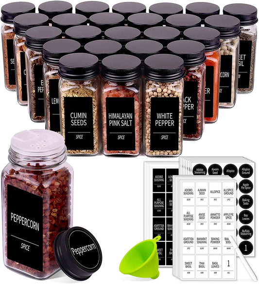 48 Spice Jars with 547 Labels- Glass Spice Jars with Black Metal Caps, 4Oz Empty Spice Containers with Shaker Lids, Funnel, Chalk Pen, Square Seasoning Bottles for Spice Rack, Drawer, Cabinet
