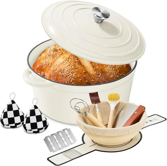 Enameled Cast Iron Dutch Oven with Lid -6.5 QT, Incl. Sourdough Bread-Baking Supplies like Banneton Proofing Basket, Heavy Duty Cookware Bread-Oven for Baking, Stews, and Roasting, Cream White