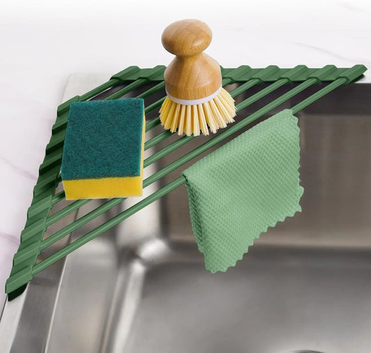 Compact Silicone-Coated Triangle Dish Drying Rack for Sink Corner - Foldable Stainless Steel Over-The-Sink Organizer and Storage Shelf (Army Green)