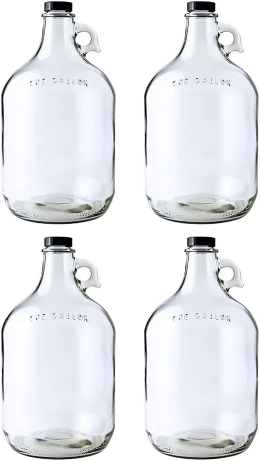 4-Pack 1 Gallon Glass Jug Set (128 Oz) W/ Polyseal Caps | Multipurpose 1 Gallon Jug, & Detergent Dispenser for Laundry, Glass Jar for Liquids, Water & Juice