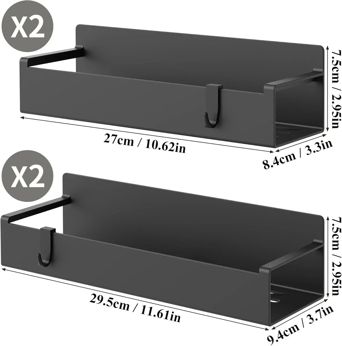 Set of four black metal kitchen wall shelves with hooks, shown in two sizes with dimensions.