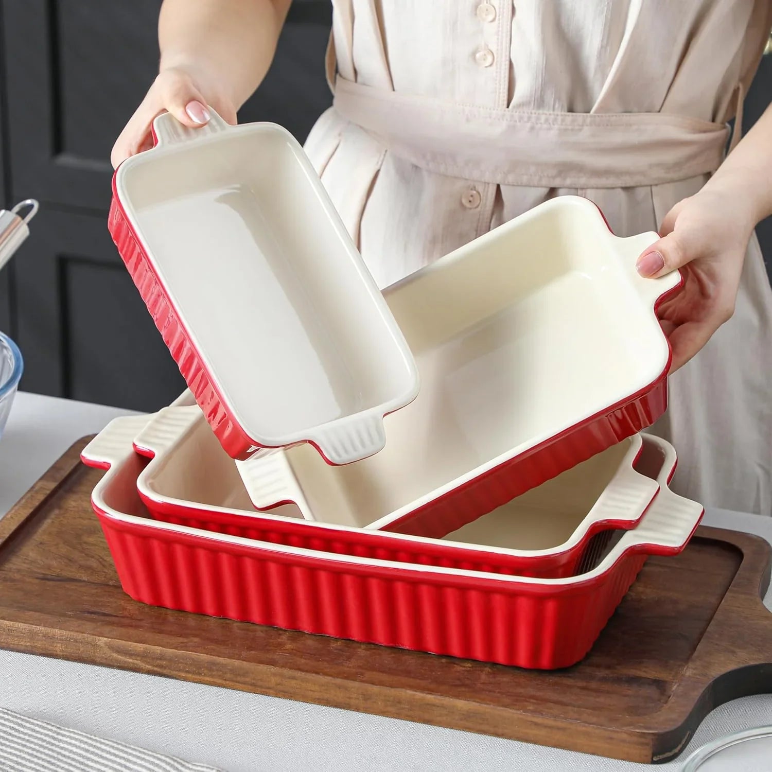 Bakeware Set of 4,  Porcelain Baking Pans Set for Oven, Casserole Dish, Ceramic Rectangular Baking Dish Lasagna Pans for Cooking Cake Pie Dinner Kitchen, Red (9.5"/11.25"/12.75"/14.5")