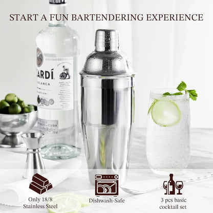 Cocktail Shaker,  24Oz Drink Shaker with Bartender Strainer, Measuring Jigger, Bar Mixing Spoon, Cocktail Recipe Guide, Professional Drink Mixer Set for Beginners, Silver