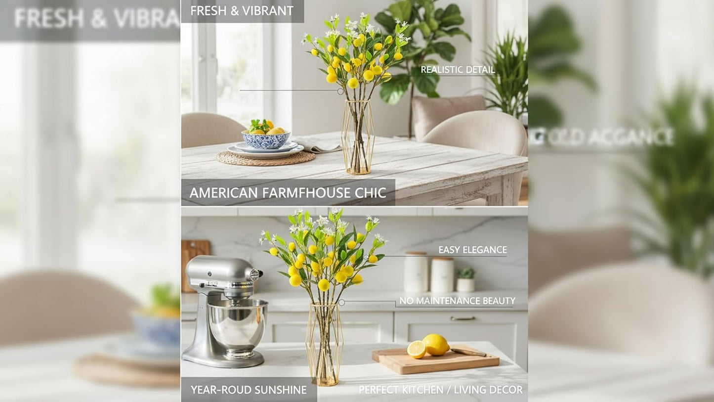 5Pcs Artificial Lemons Branches 24 Inch Fake Fruit Simulation Lemon with Stem for Kitchen Decoration Farmhouse Flower Arrangement Themed Party Table Home Decor