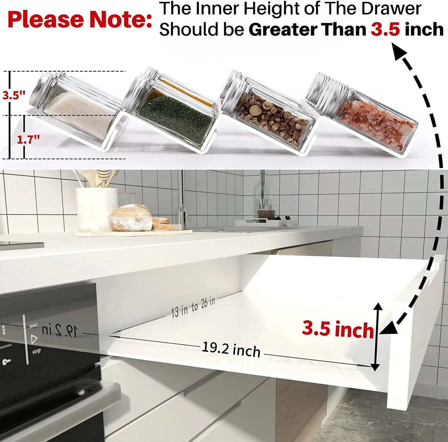 Clear Acrylic Spice Drawer Organizer, 4 Tier- 2 Set Expandable from 13" to 26" Drawer Seasoning Organizer, Kitchen Spice Rack Tray for Drawer/Countertop (Jars Not Included)