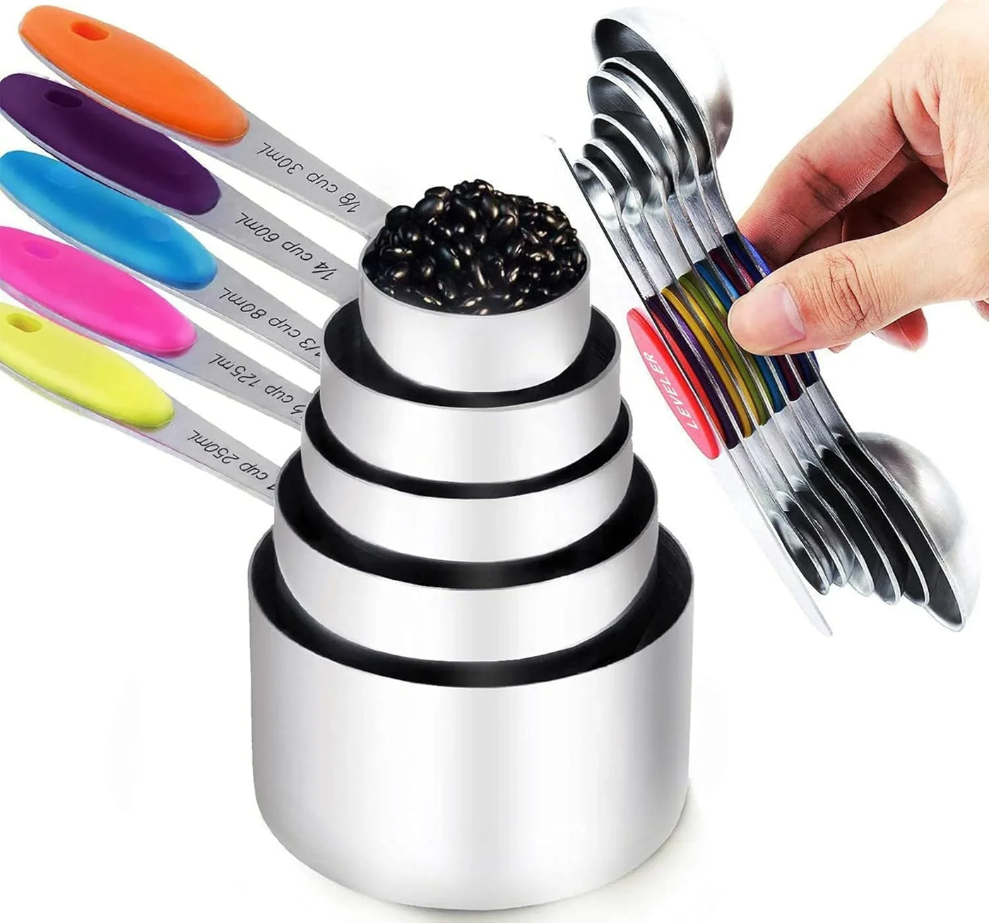 Measuring Cups and Magnetic Measuring Spoons Set, Stainless Steel Measuring Cups, 6 Double-Sided Stainless Steel Measuring Spoons & 1 Leveler (12)
