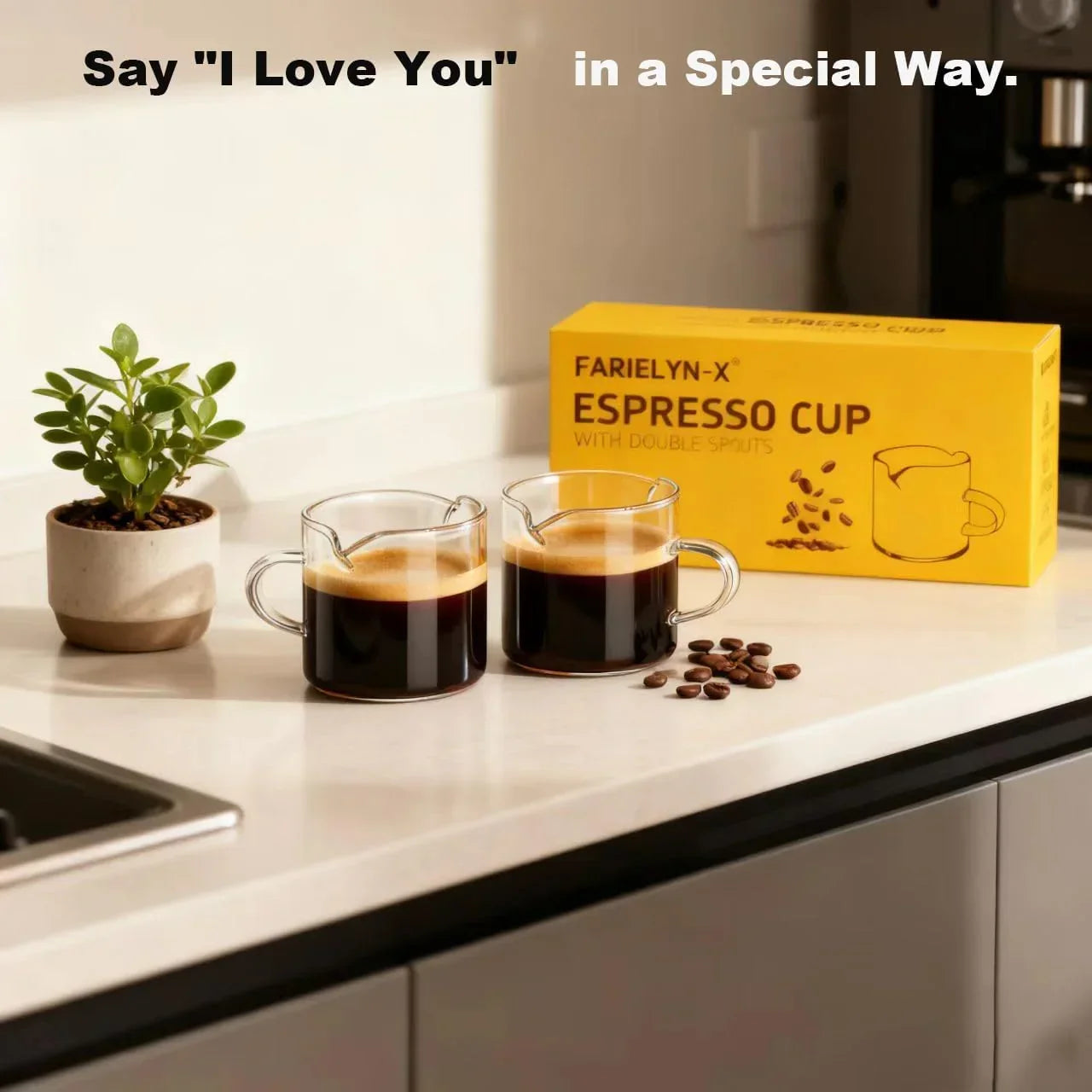 Farielyn-X espresso cups with double spouts, filled with coffee on kitchen counter, coffee beans nearby