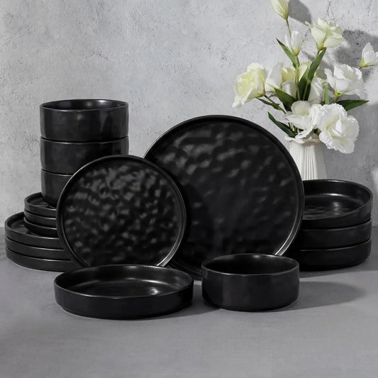 16-Piece Black Plates and Bowls Sets with Pasta Bowls - Stoneware Dinnerware Set for 4, Modern Ribbed Matte Black Kitchen Dishes, Microwave & Dishwasher Safe