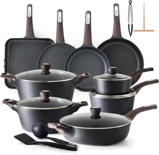 Pots and Pans Set Non Stick, Non Toxic Healthy Induction Cookware Sets, 26 Pcs Nonstick Kitchen Cooking Set, W/Frying Pans Set, Saucepans Set, Stockpots Set, PFOA PFOS Free, Black