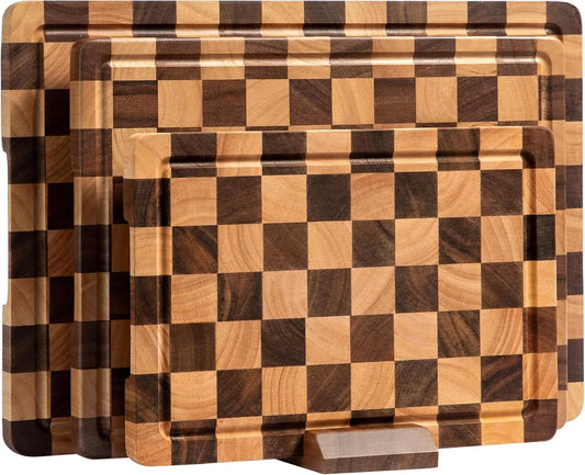 Checkered Cutting Boards for Kitchen, Wooden Cutting Board Set, Acacia Chopping Board with Juice Grooves & Handles, Butcher Block Serving Tray for Meat, Vegetables and Fruits, 3Pcs