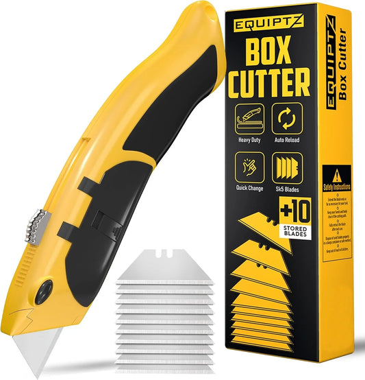 Auto Reload Utility Knife with 10 Preloaded SK5 Blades, Heavy Duty Box Cutter Retractable and Razor Knife with Non-Slip Rubber Handle and Lanyard Hole