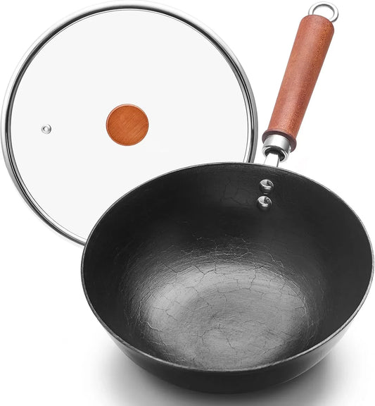 Cast Iron Wok with Lid, 10.2 Inch Flat Bottom Small Wok, Handcrafted Uncoated Iron Wok Stir Fry Pan with Wooden Handle, Tortoise Shell Texture, for Gas Electric Induction