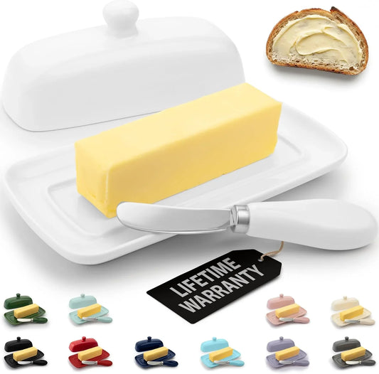 Ceramic Butter Dish with Lid for Countertop & Stainless Steel Knife – Keeps Butter Soft & Fresh – White Butter Dish with Easy-Grip Knob, Durable & Everyday Butter Holder for Home - White
