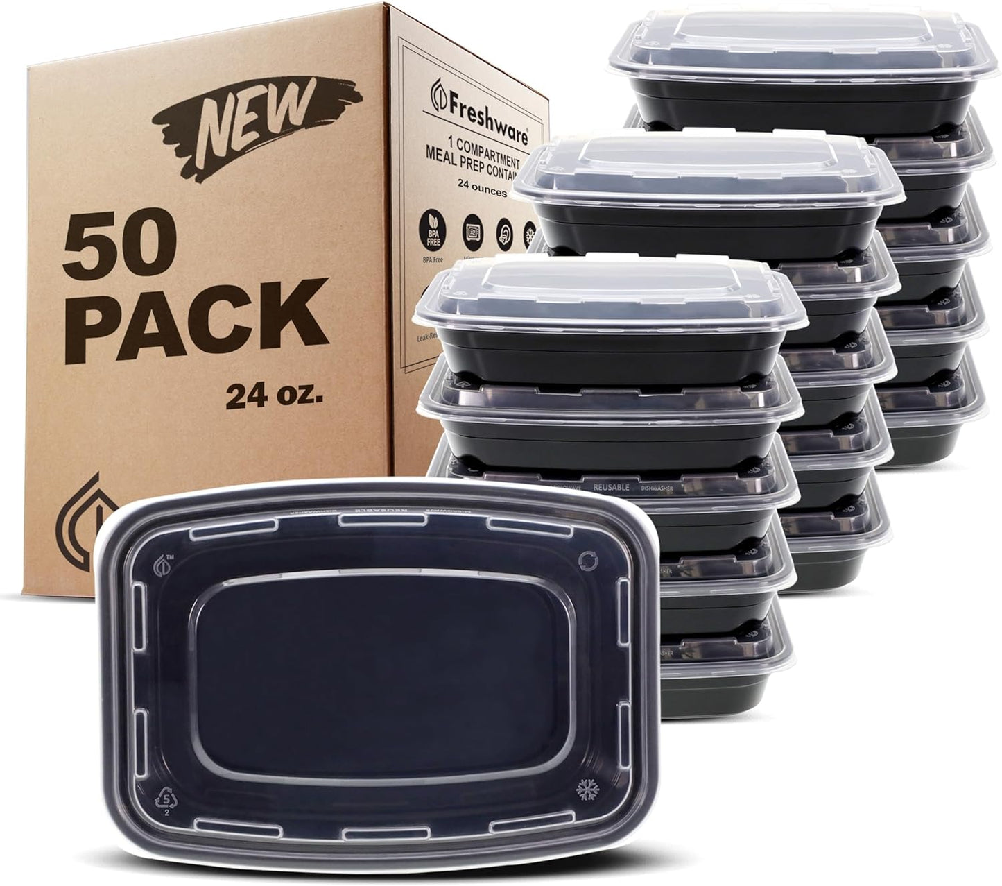 Meal Prep Containers [50 Pack] 1 Compartment with Lids, Food Storage Containers, Bento Box, BPA Free, Stackable, Microwave/Dishwasher/Freezer Safe (24 Oz)