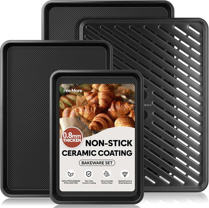 Nonstick Cookie Sheets for Baking with Cooling Rack Set of 4, 0.8Mm Thick Heavy Duty Baking Sheets for Oven, Half/Quarter/Jelly Roll Pans Oven Trays, Baking Pan Set with Diamond Texture