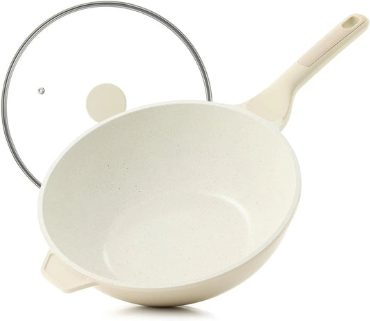 Ceramic Nonstick Wok with Lid, 11 Inch Non Toxic Stir-Fry Pan Induction Cookware, Deep Frying Pan Skillet with Stay-Cool Handles, PFAS/PTFE/PFOA Free