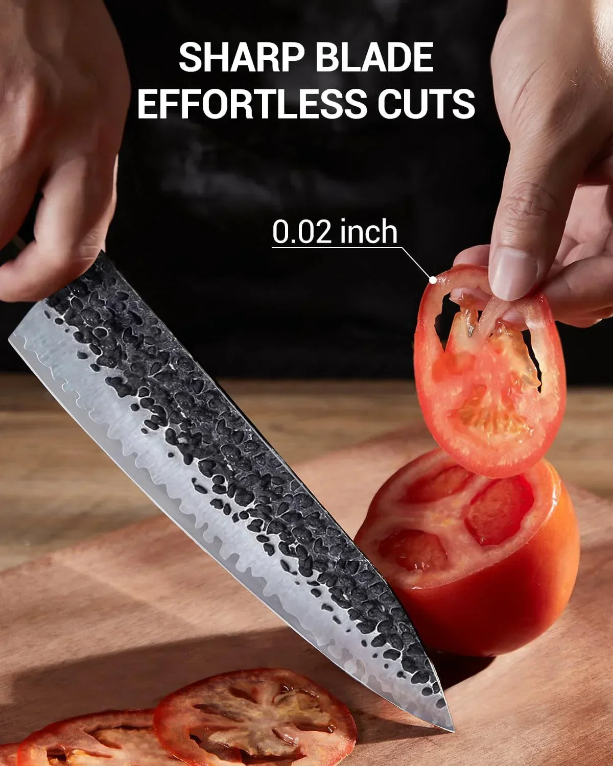 Sharp kitchen knife slicing thin tomato slices on cutting board, text highlights effortless cuts.